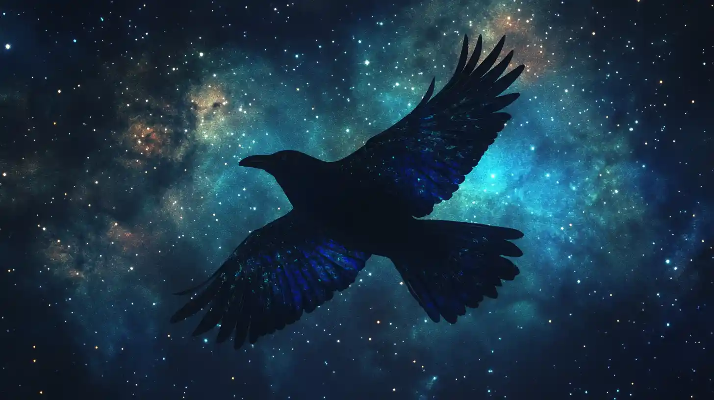 在繽紛宇宙星空中滑翔的虹彩烏鴉