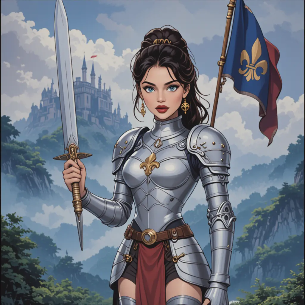 Jeune héroïne française en armure avec épée et bannière