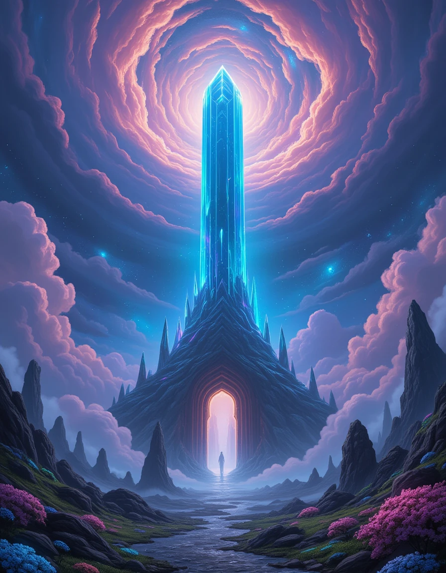 Torre de cristal em uma paisagem fantástica sob um céu alienígena surreal