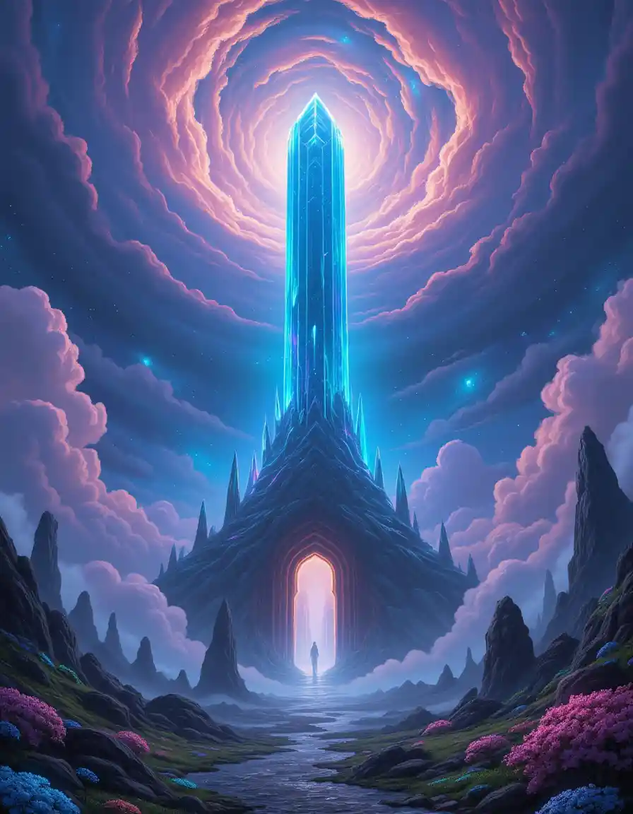 Torre de cristal em uma paisagem fantástica sob um céu alienígena surreal