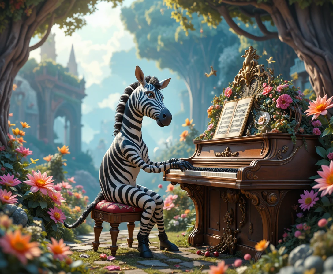 Cebra tocando el piano en un mundo de fantasía colorido