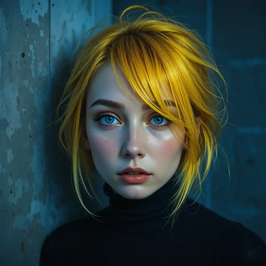 Intense yellow haired woman in blue light portrait