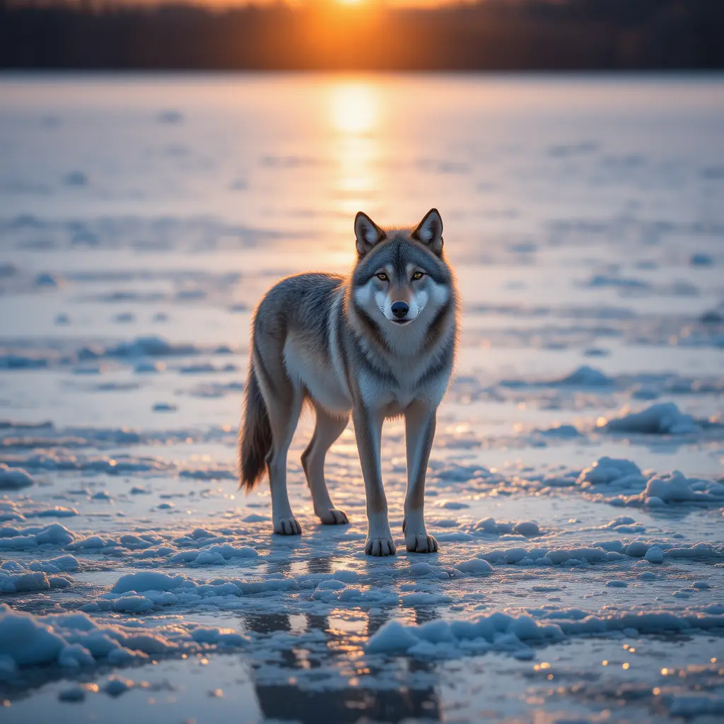 Lupo solitario su un lago ghiacciato nella calda luce dell'alba