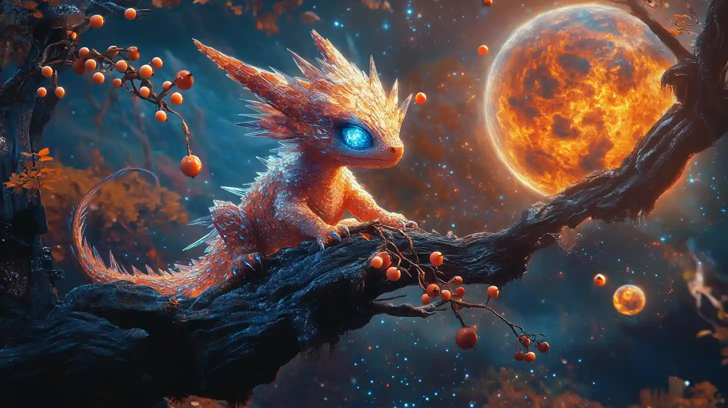 Surrealer Babydrache auf unmöglichem Ast unter kosmischem Mond