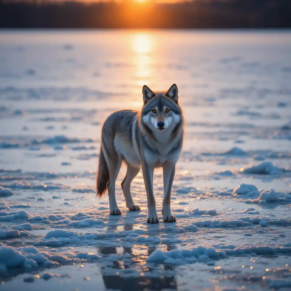 Lobo solitário em um lago congelado ao amanhecer quente