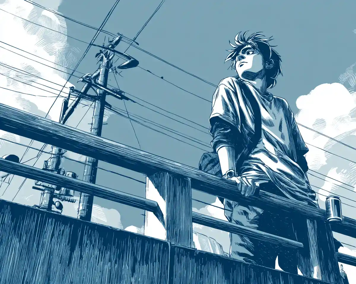Jeune homme sur la rambarde d’une passerelle dans une ville manga monochrome