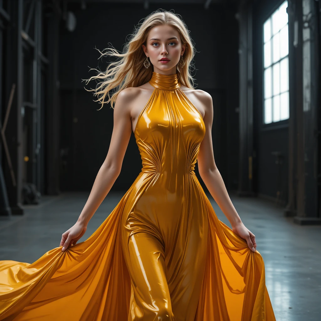Athletic woman in sculptural gold liquid dress walking