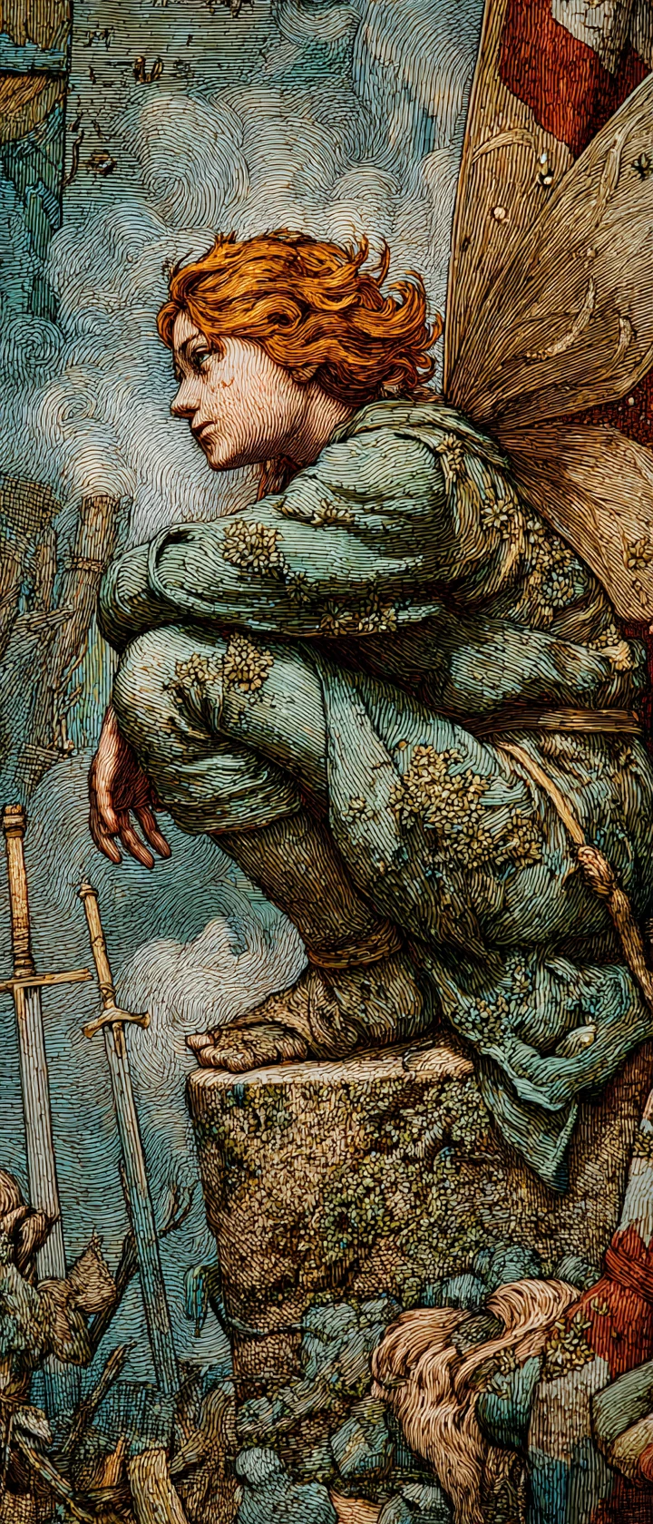 Einsame Fee auf einem Gargoyle über einem nebligen, verlassenen Schlachtfeld
