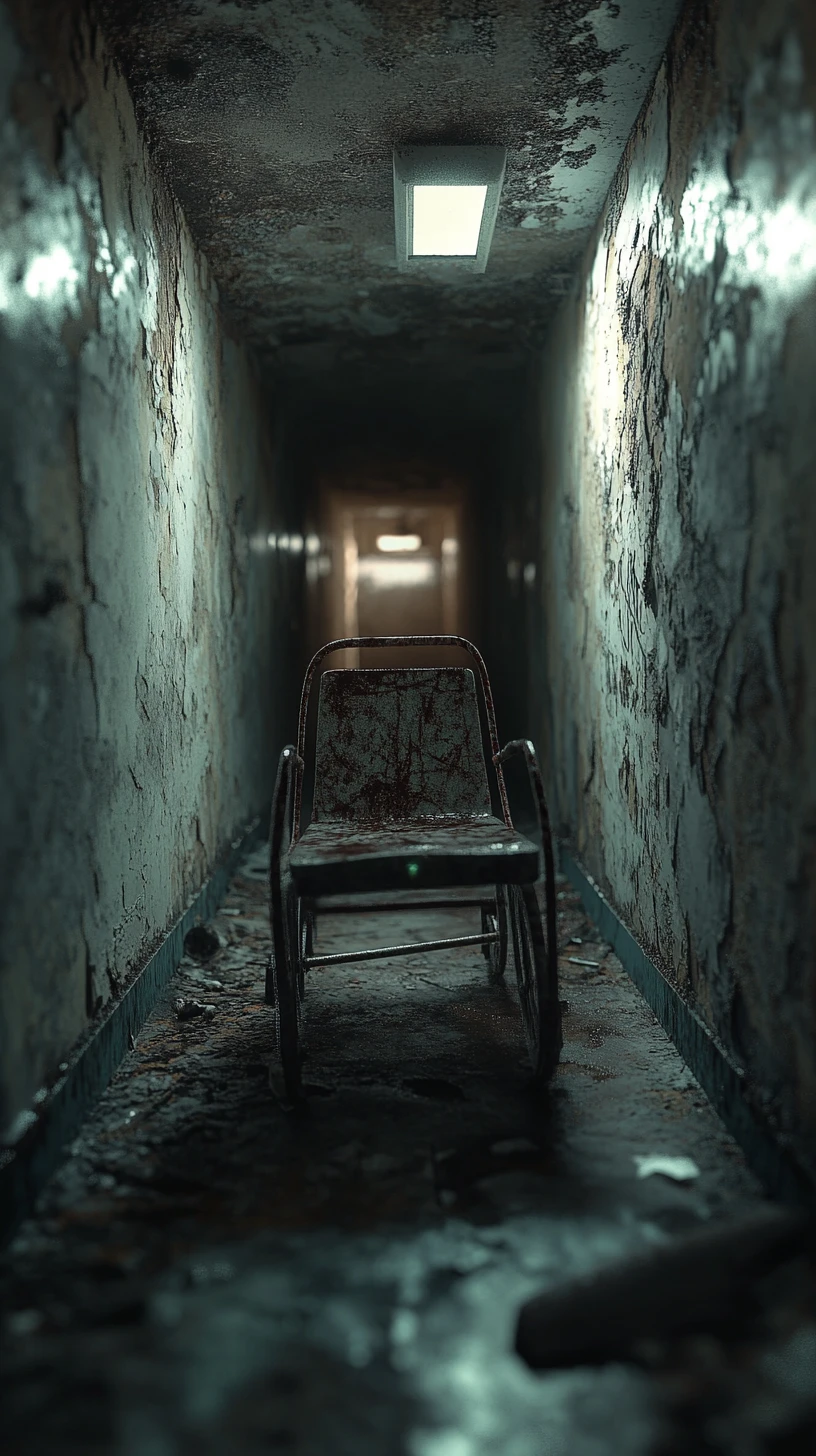 Pasillo de manicomio abandonado con equipo médico oxidado