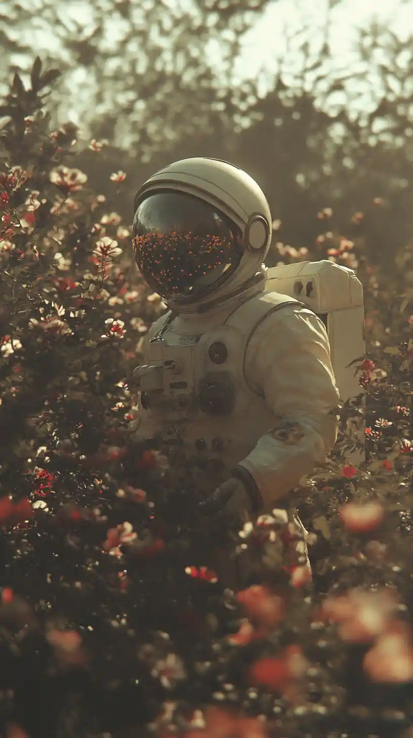 Silhouette di Astronauta in un Pacifico Giardino Fiorito