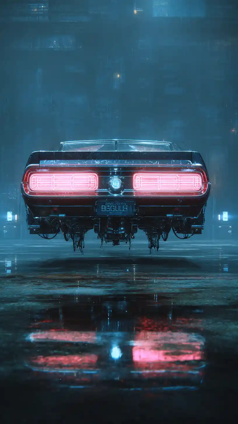 Carro Mustang futurista flutuando em uma cidade sci-fi sombria