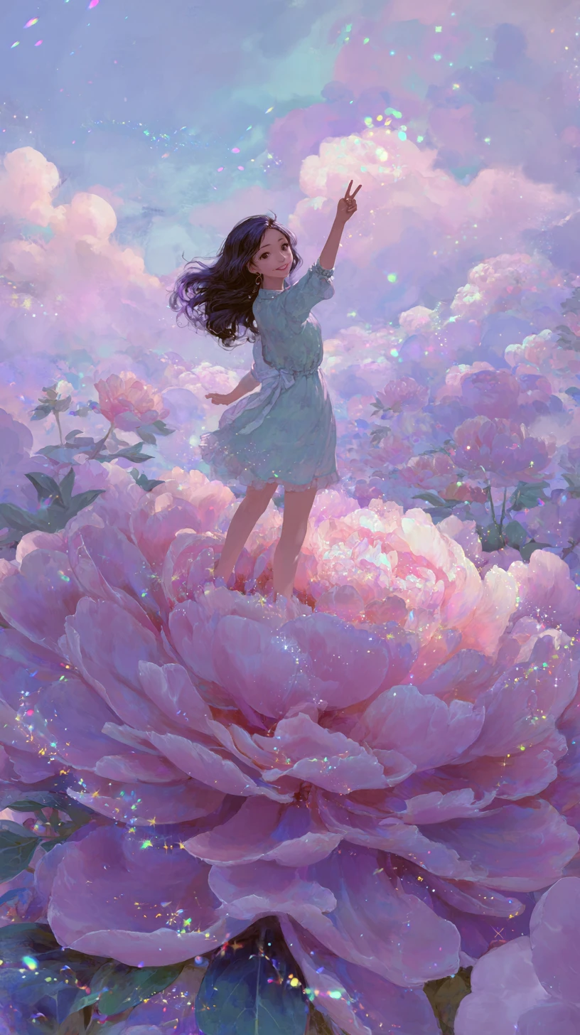 Smiling girl standing on glowing peony in dreamy sky