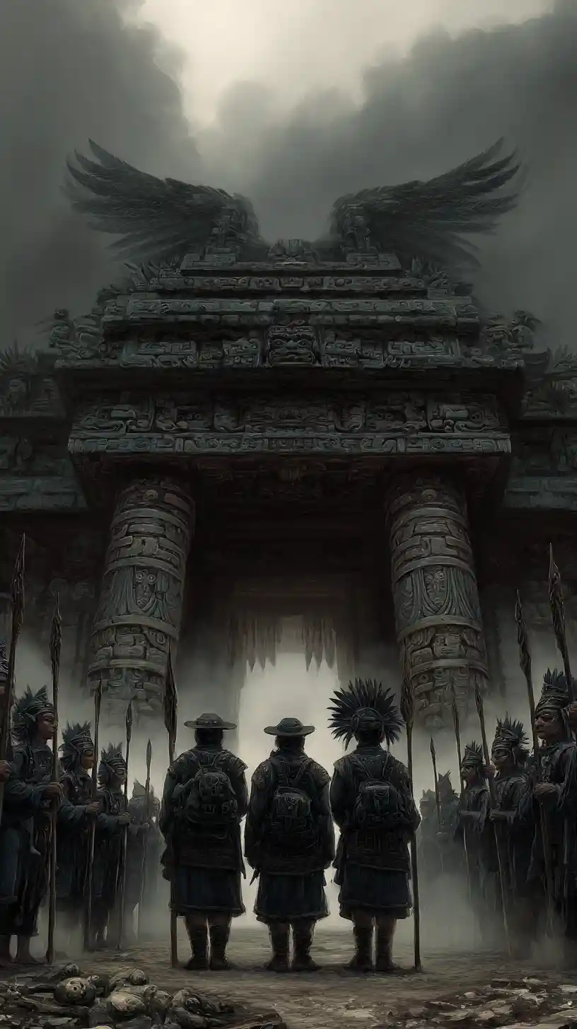 Aztec inspired alien warriors before an ancient stone temple