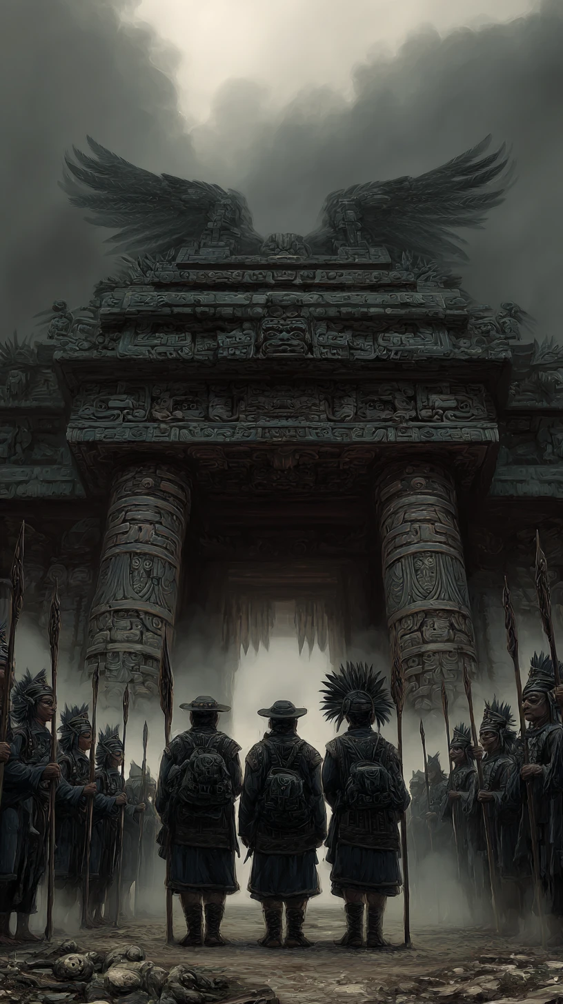 Aztec inspired alien warriors before an ancient stone temple