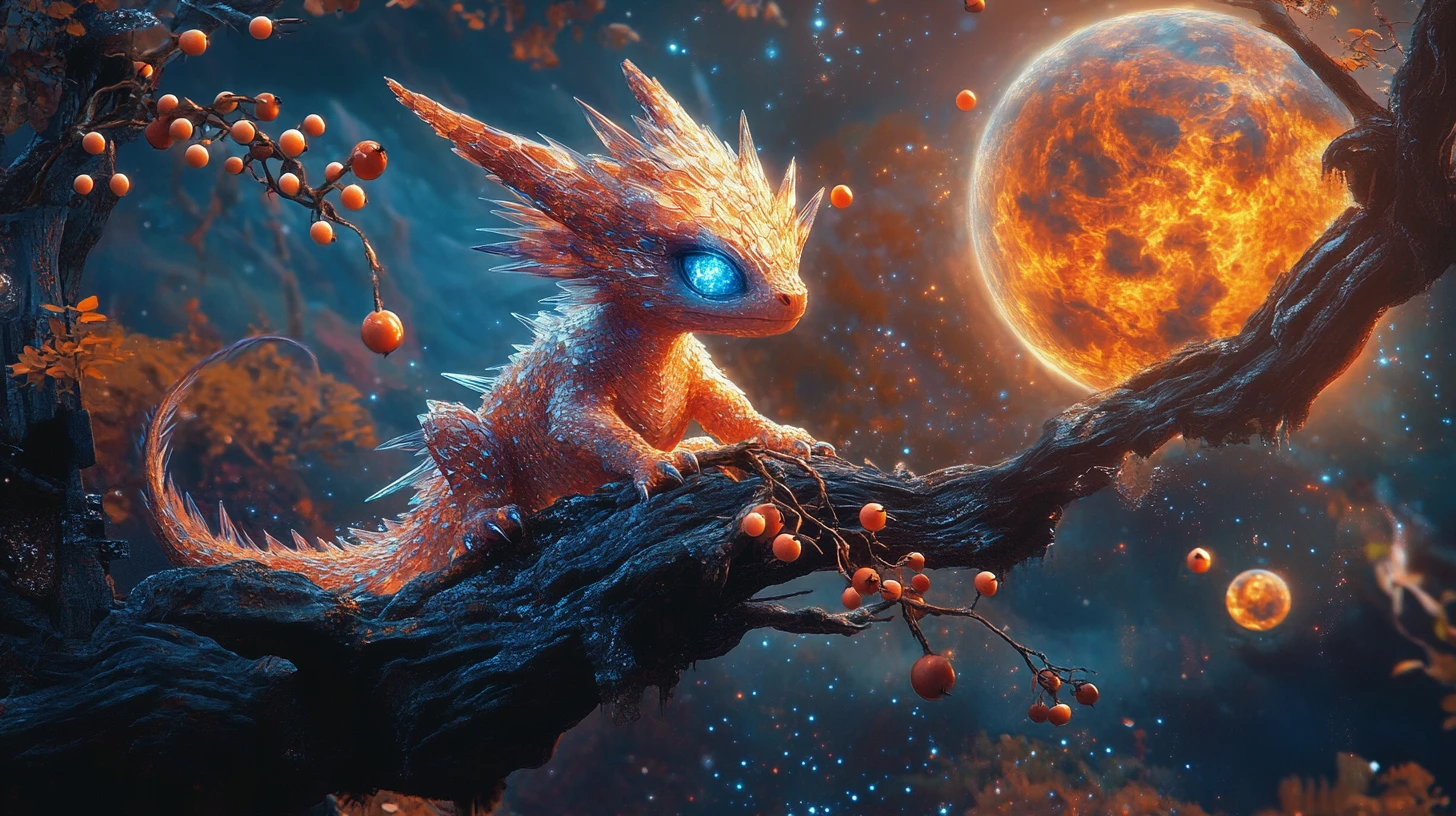 Surrealer Babydrache auf unmöglichem Ast unter kosmischem Mond