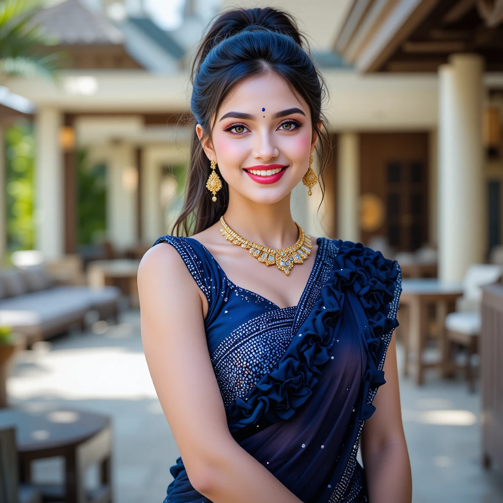 Fröhliche indische Frau im Strass-Sari in einer Resort-Lounge