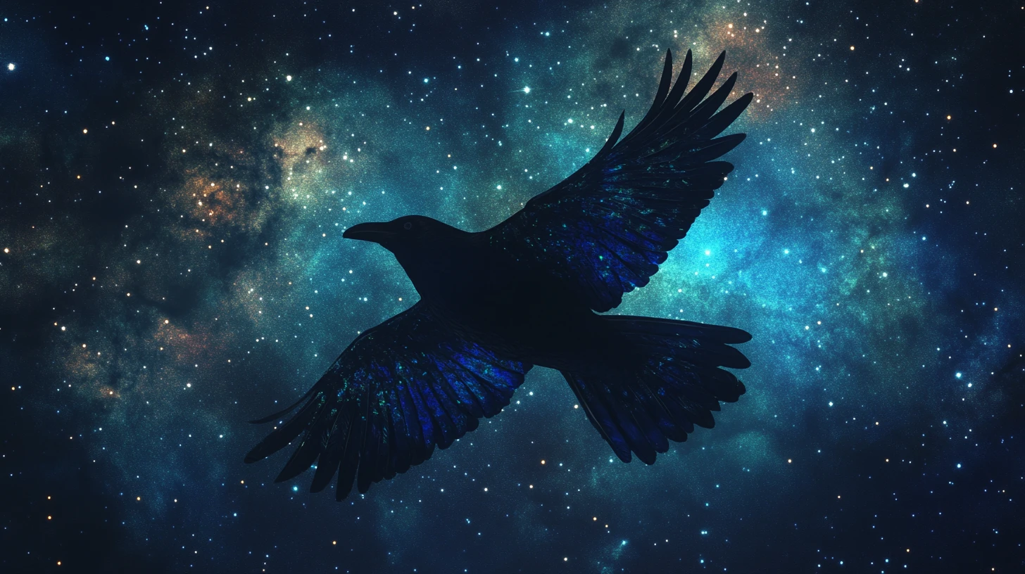 Corbeau irisé glissant parmi des étoiles cosmiques colorées