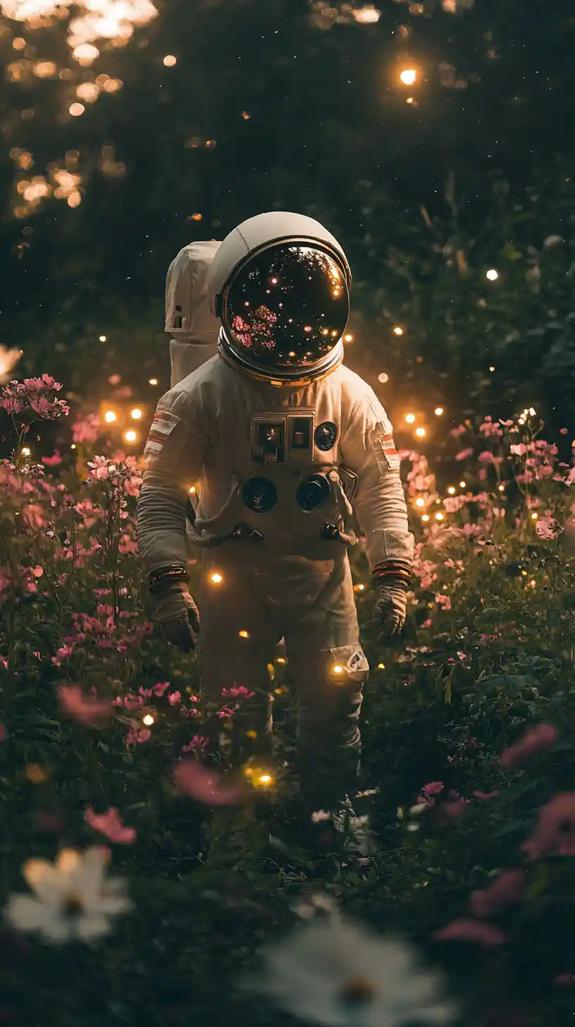 静かな花園に立つ宇宙飛行士のシルエット