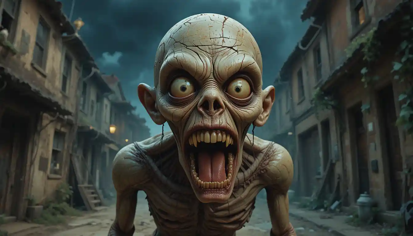 Terrifiante créature zombie dans une sombre ville abandonnée