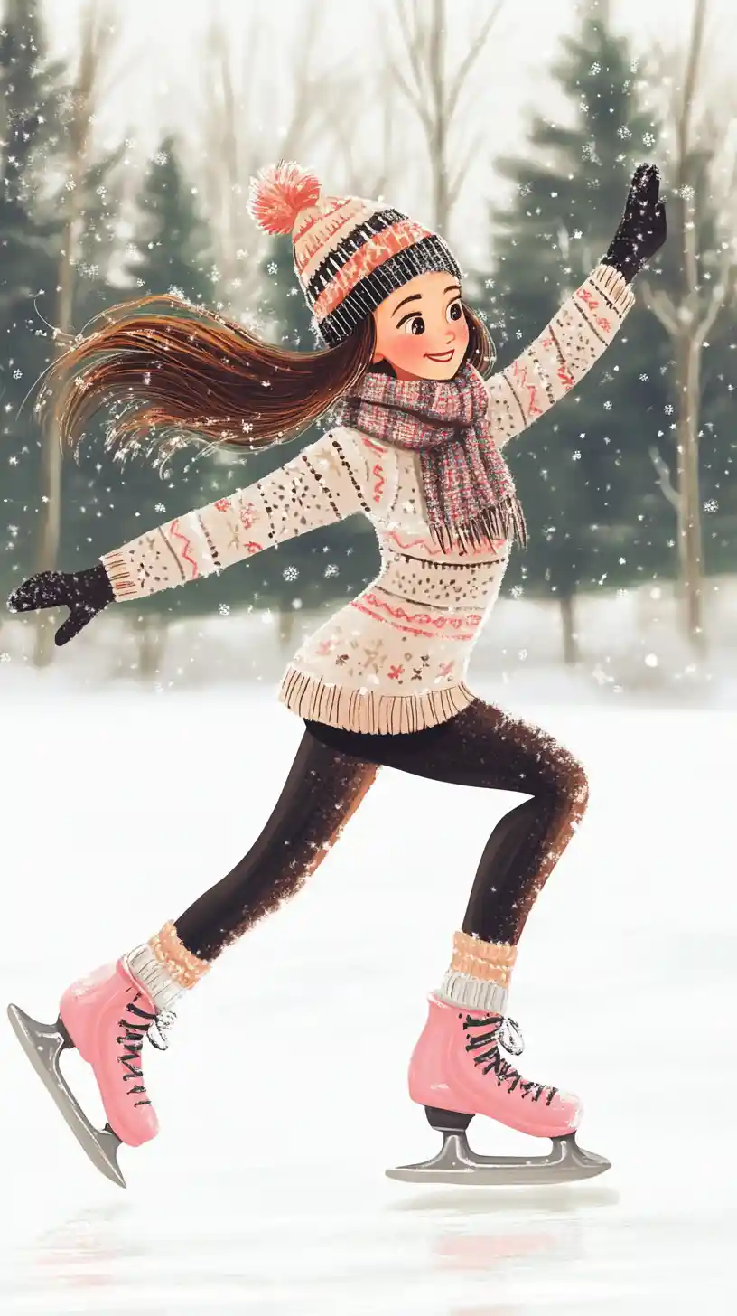 Joyful girl skating on a snowy winter ice rink