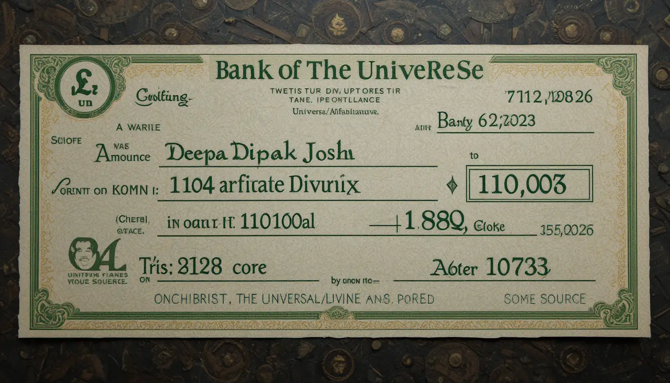 Cheque bancário com tipografia verde para manifestar abundância universal