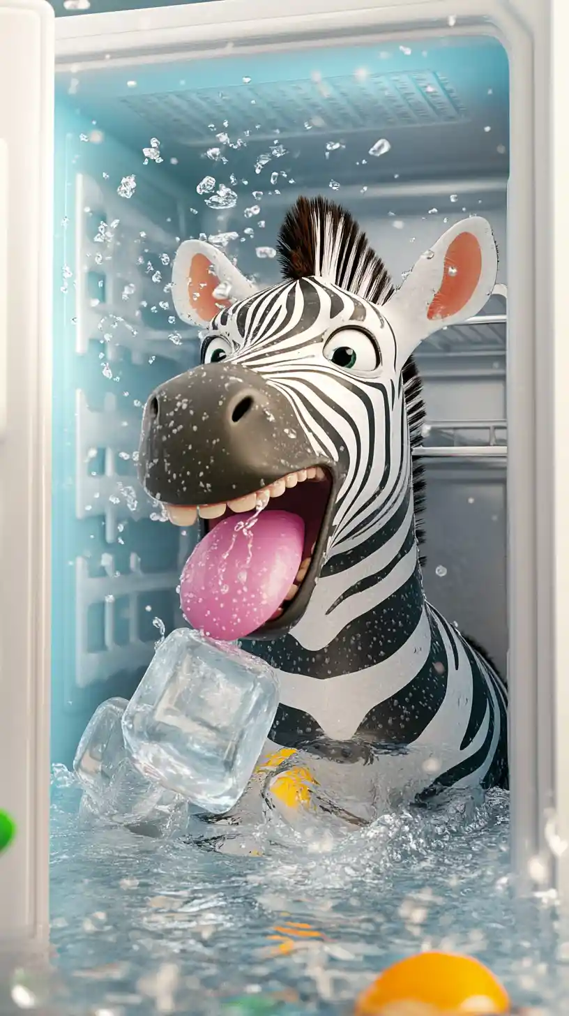 Cartoon-Zebra, das in einem bunten Kühlschrank entspannt