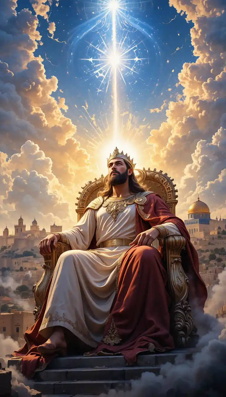 Rei majestoso em um trono banhado por luz celestial divina