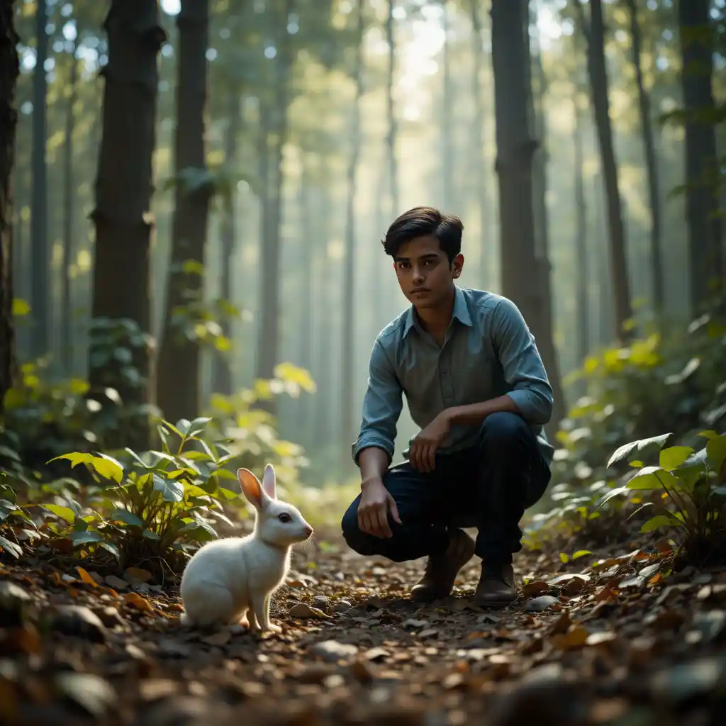 Lost boy walking alone through a dense Indian forest