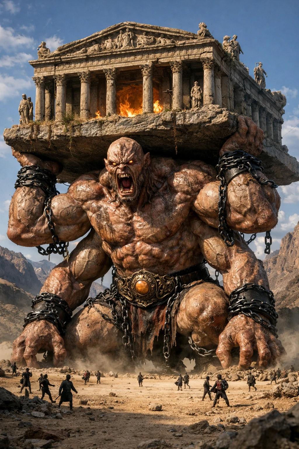 Gigante de quatro braços sustentando um antigo templo de pedra
