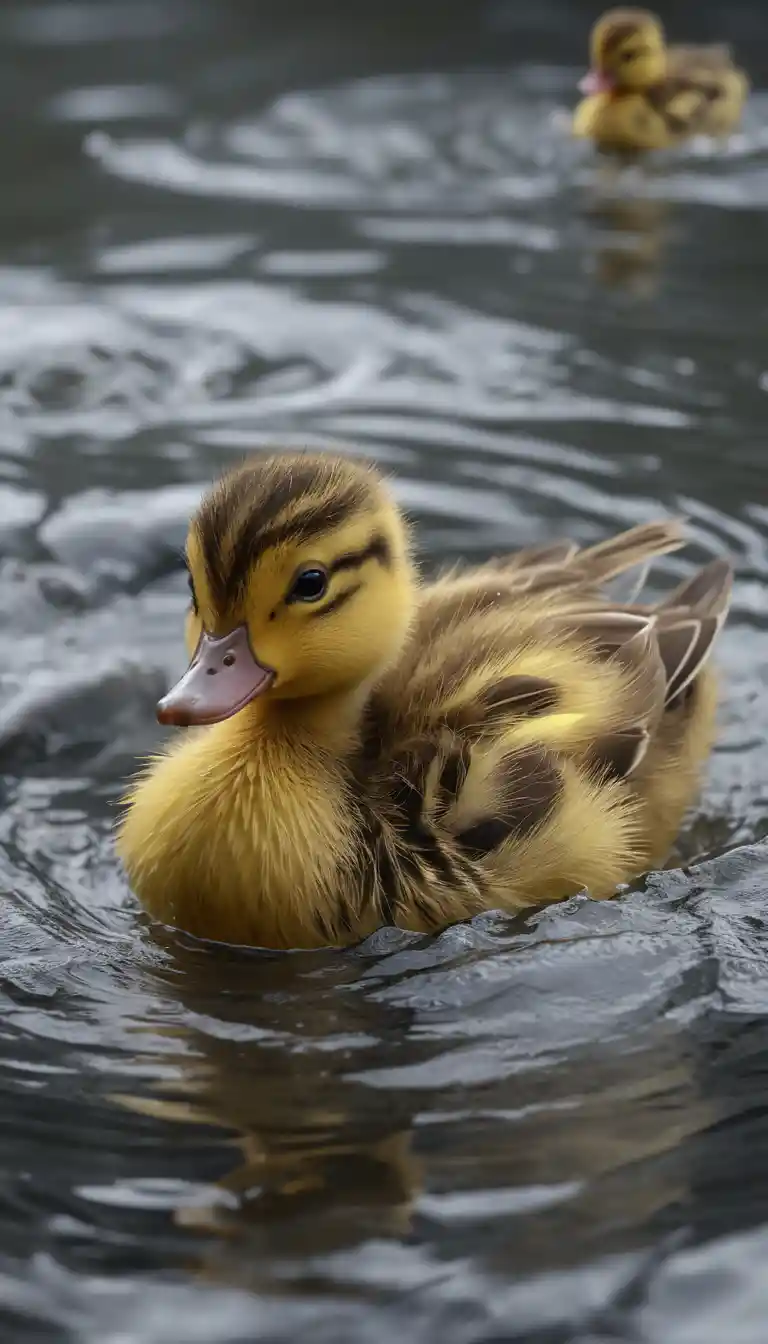 Pequeño patito luchando contra las corrientes en un río oscuro y tormentoso