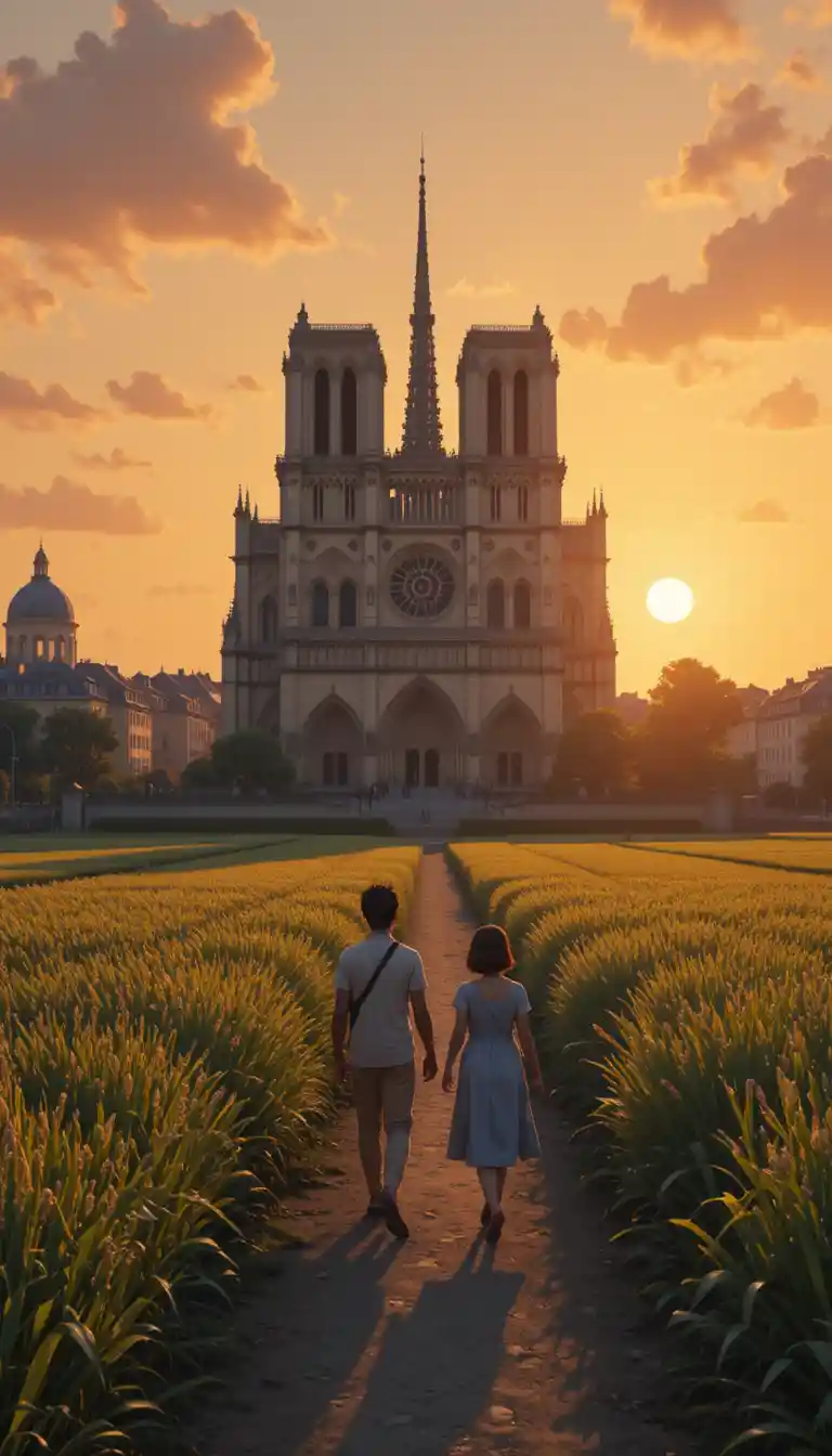 Peaceful anime city sunset around a grand cathedral