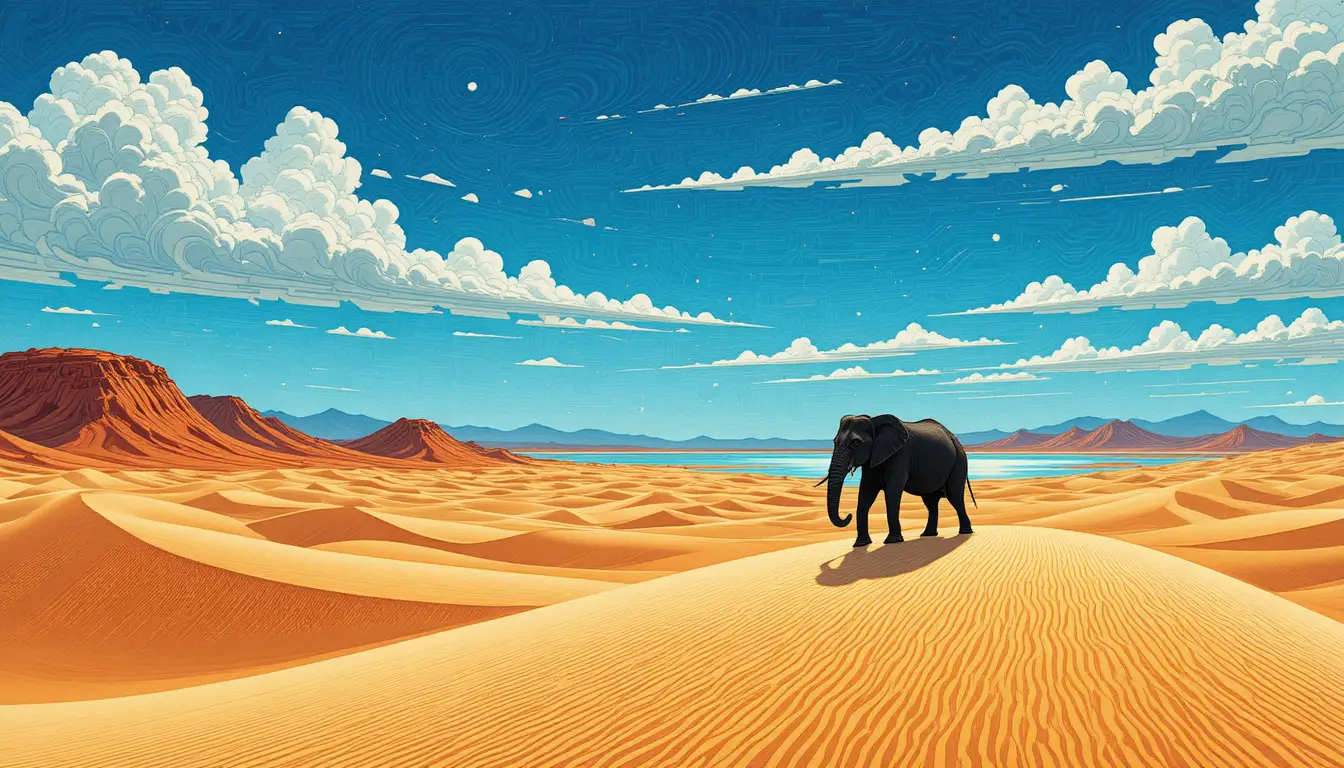 Silhouette di elefante che attraversa dune grafiche del deserto al crepuscolo