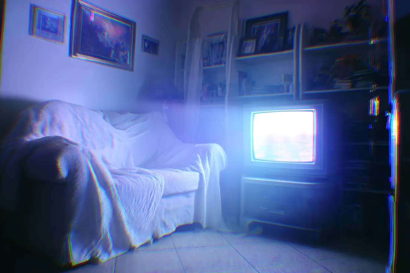 Traumhaftes Wohnzimmer im blauen Fernsehschein
