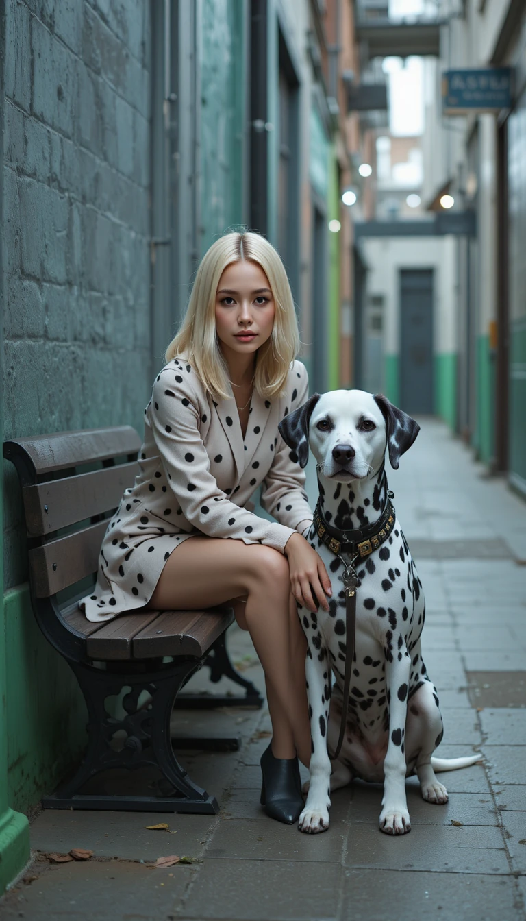 Donna elegante con dalmata in un tranquillo vicolo urbano