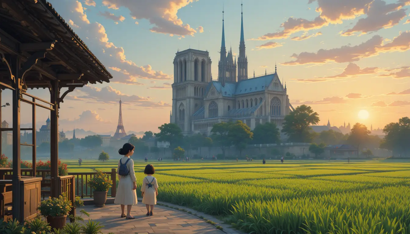 Vista tranquilla in stile anime di Notre Dame al tramonto