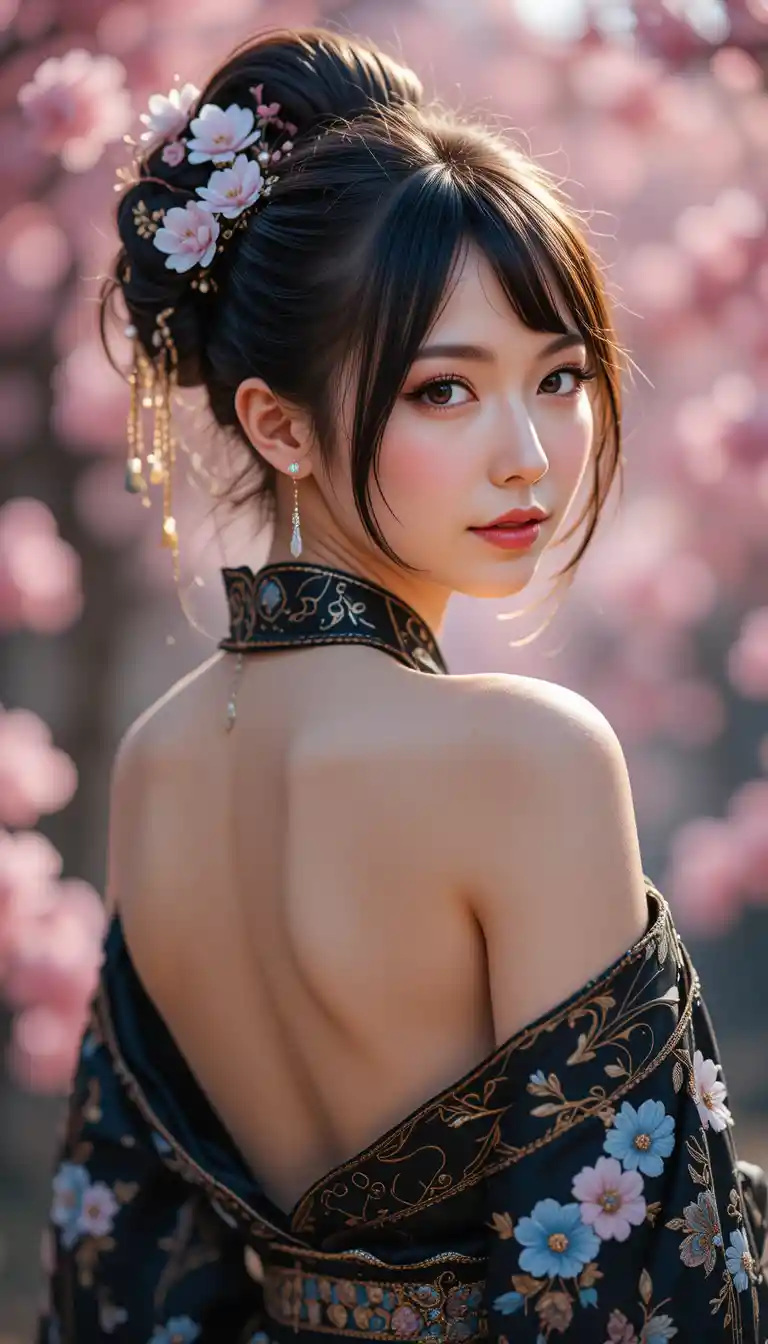 Elegant woman in black kimono with floral hair ornaments