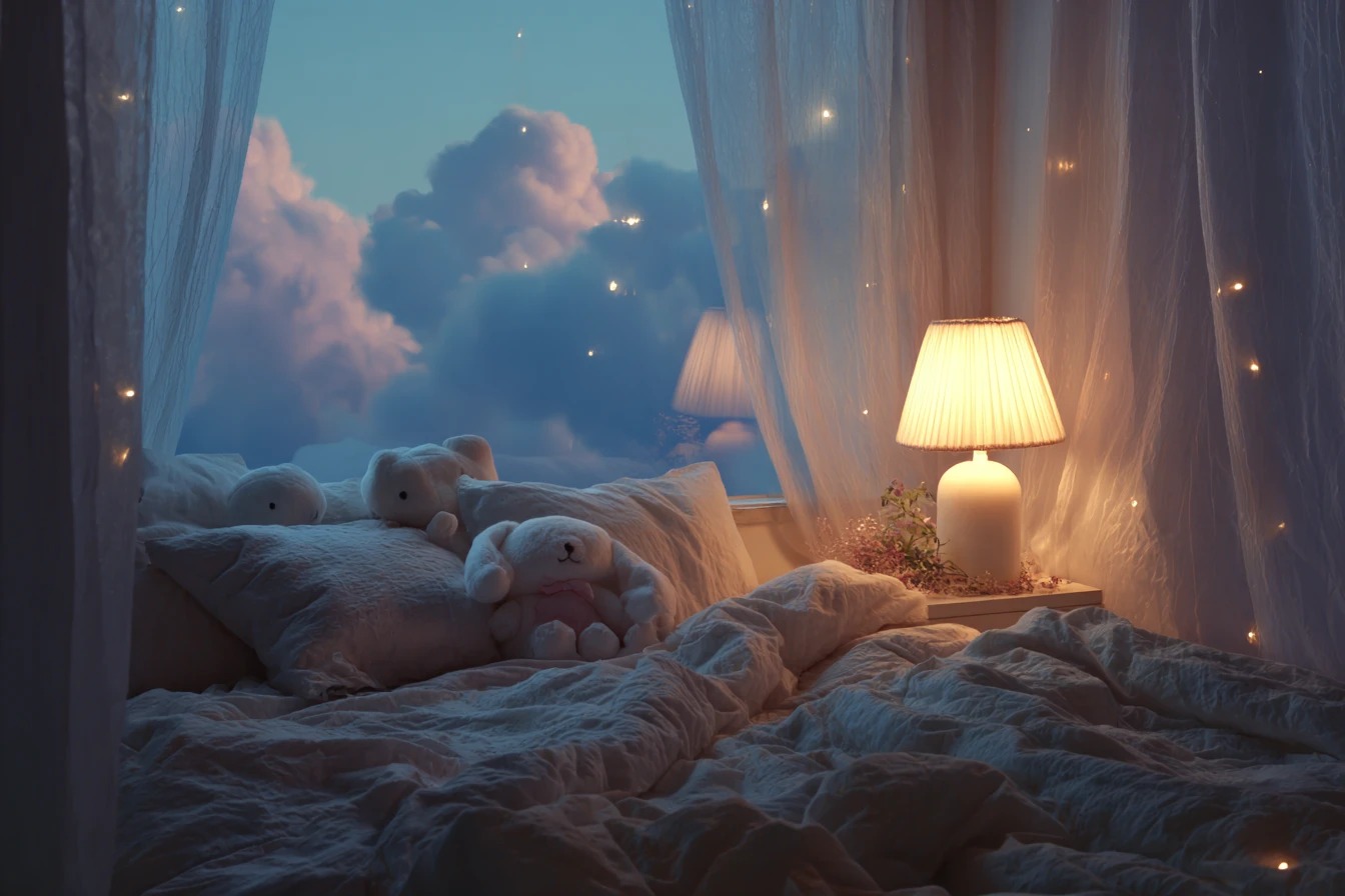 Camera da letto accogliente e da sogno con luce soffusa e peluche