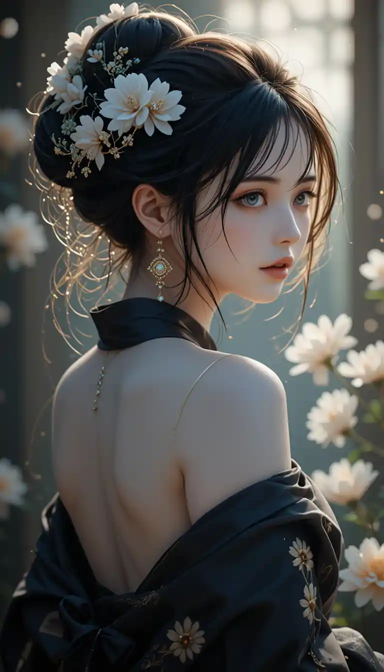 Cinematic profile portrait of a woman in a dark silk kimono