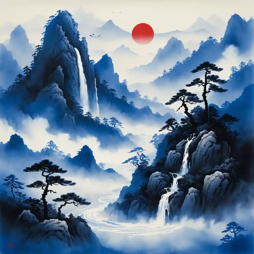 Ink wash mountain peak rising from luminous blue mist