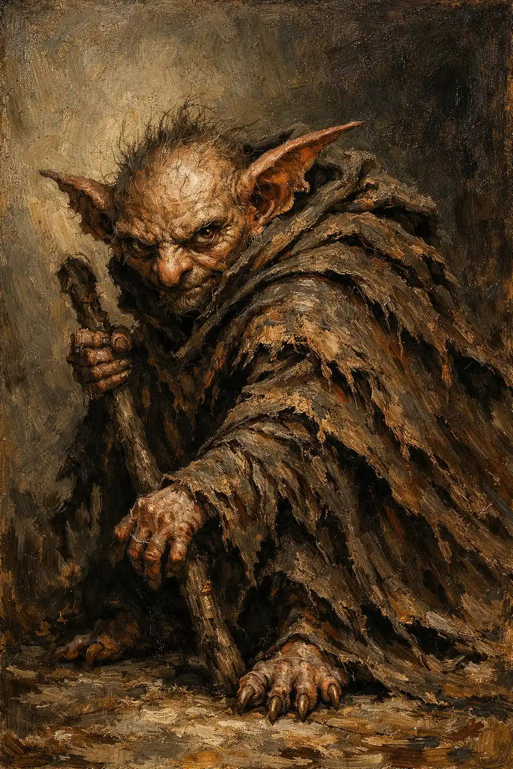 Dipinto a olio dark fantasy di una creatura antropomorfa incappucciata