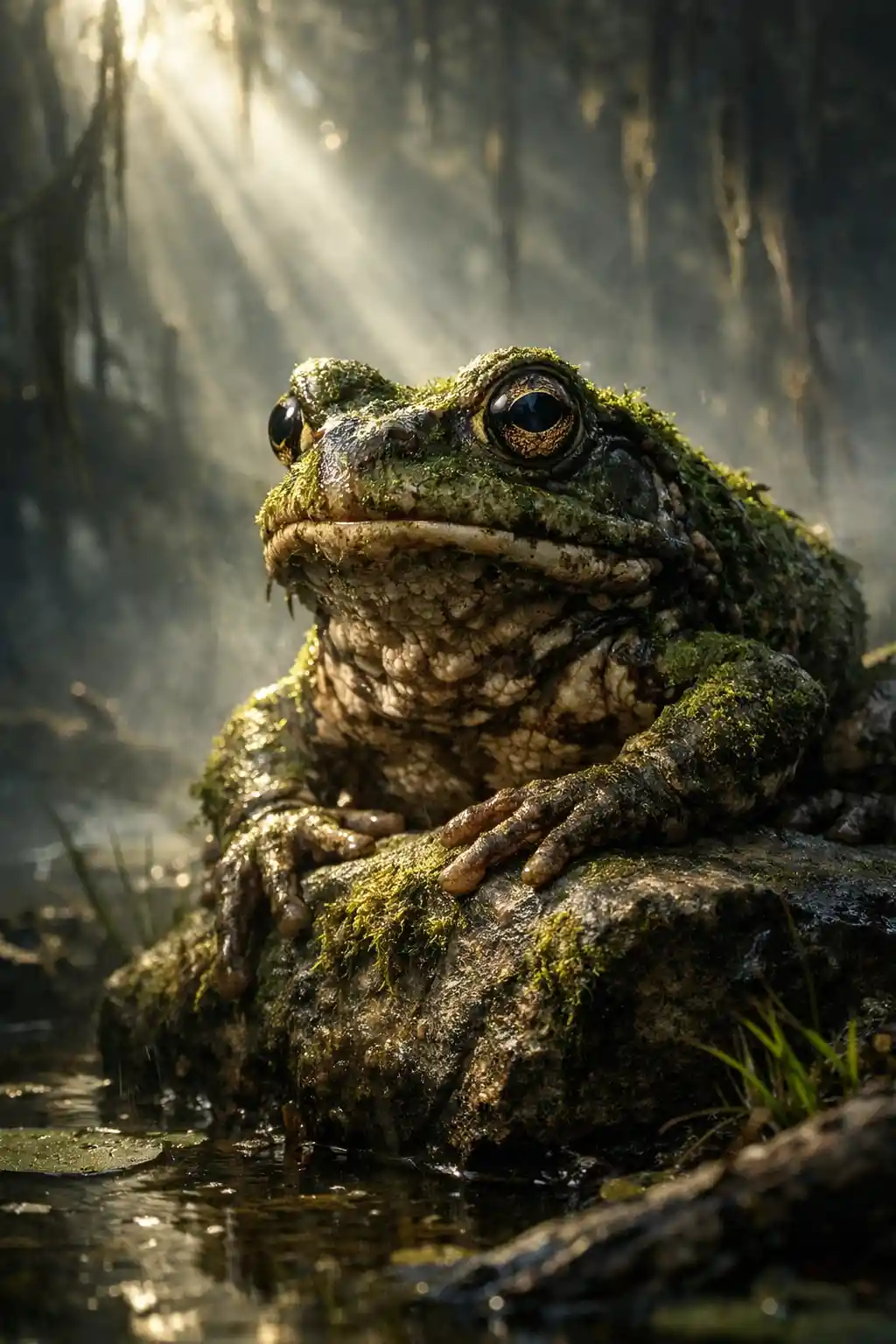 Sábio sapo velho sobre uma pedra em um pântano místico e enevoado