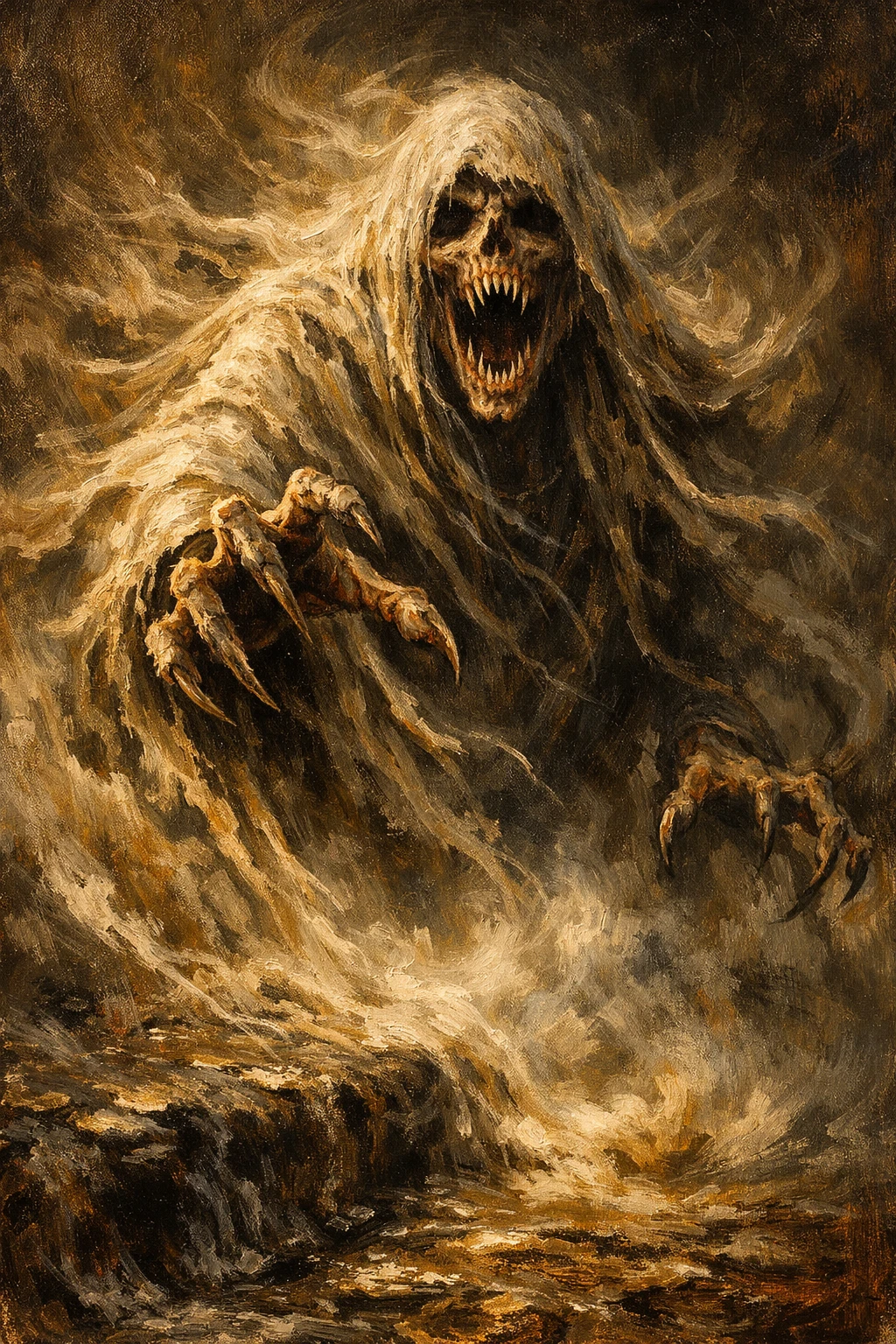Espectro fantasmagórico surgindo da névoa em redemoinho em pintura a óleo