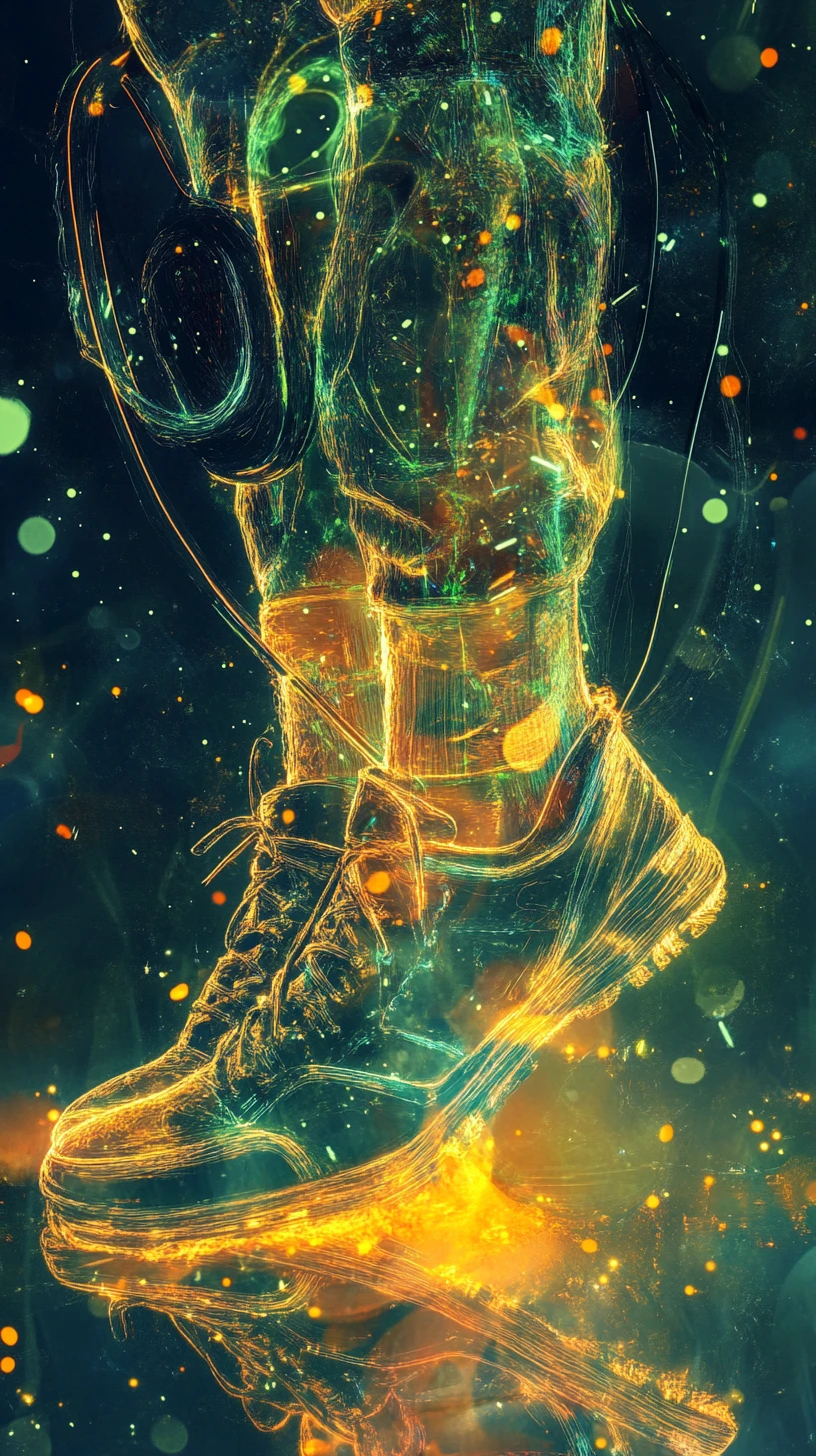 Cyberpunk cat with headphones on glowing city rooftop