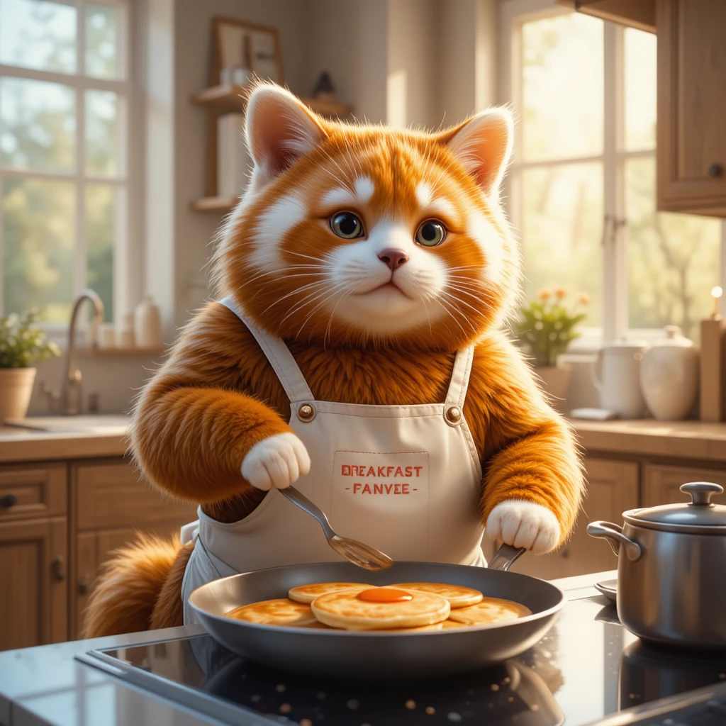 Panda fofo preparando café da manhã em uma cozinha moderna e aconchegante
