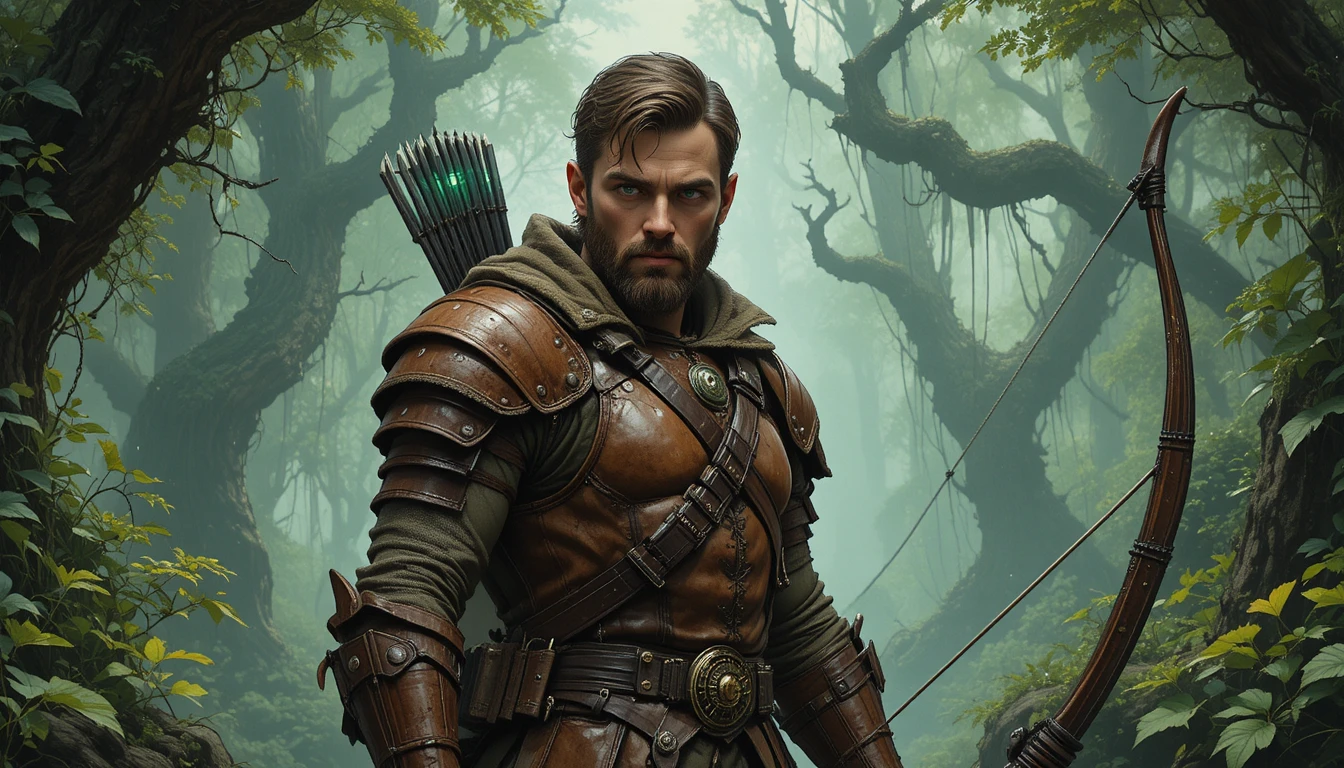 Archer médiéval debout dans une clairière de forêt brumeuse