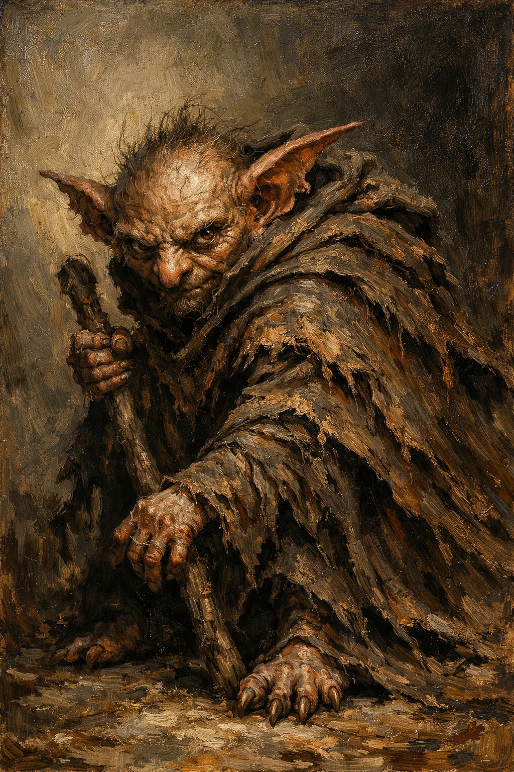 Pintura a óleo de fantasia sombria de uma criatura antropomórfica encapuzada