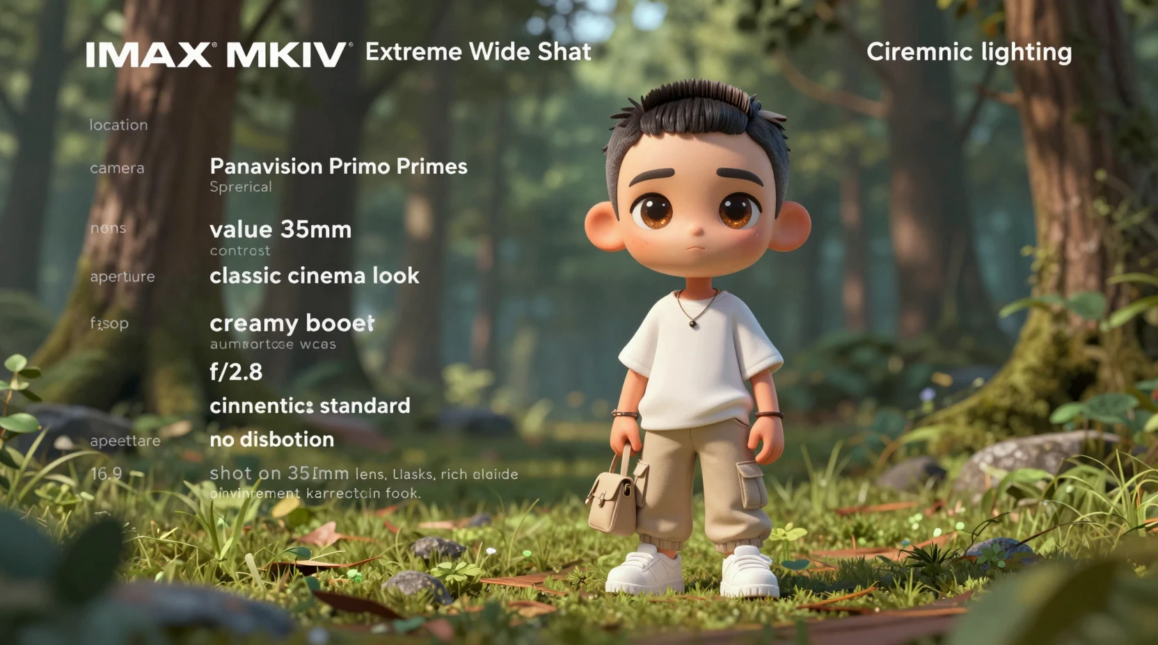 Adorable chico chibi 3D de pie en un claro del bosque