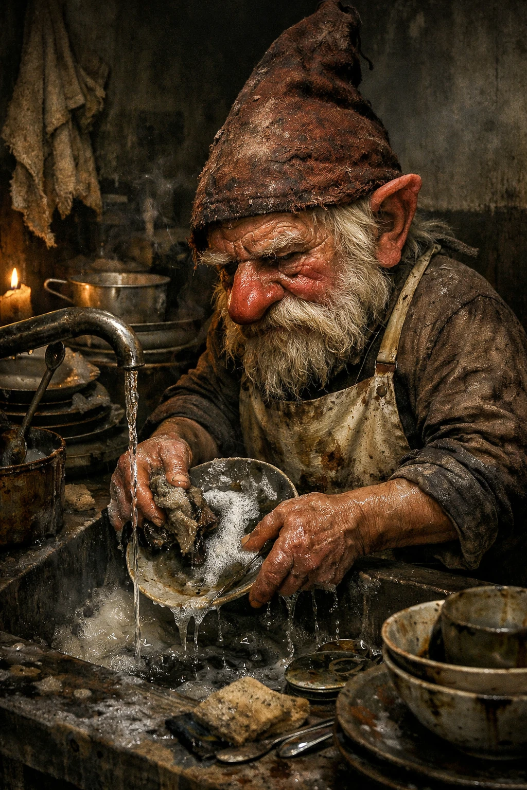 Gnome dark fantasy faisant la vaisselle dans une cuisine lugubre