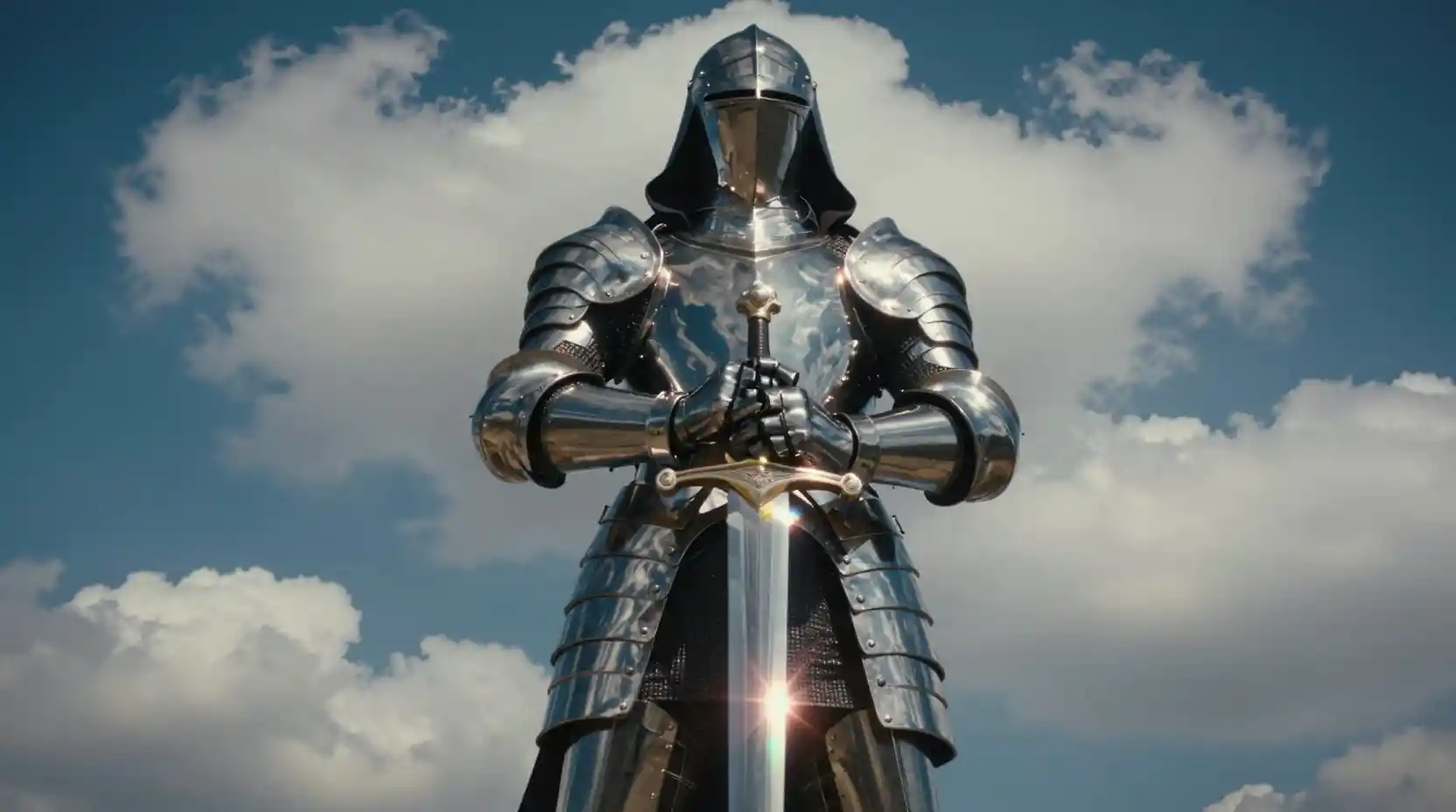 Chrome Armored Knight Under Epic Cloud Filled Sky