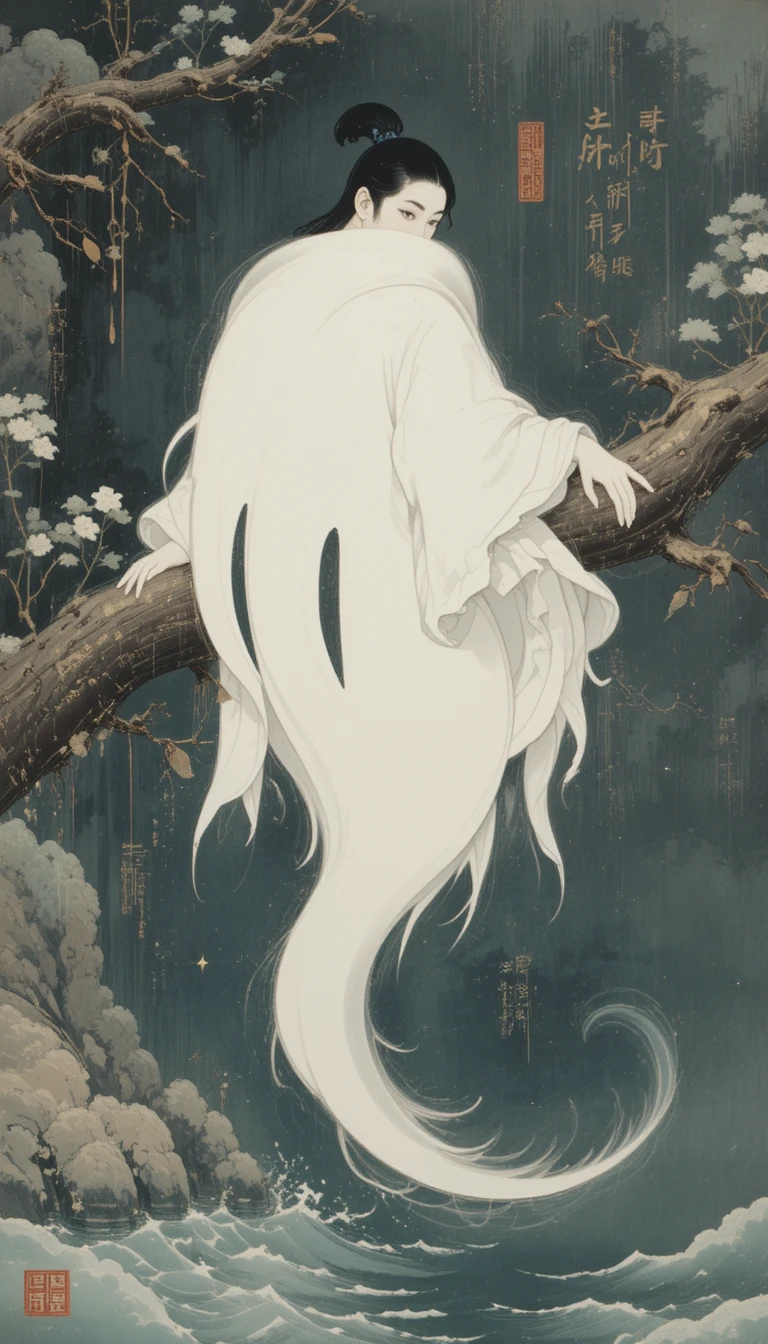 Fantôme blanc reposant sur une branche au-dessus d’une eau immobile
